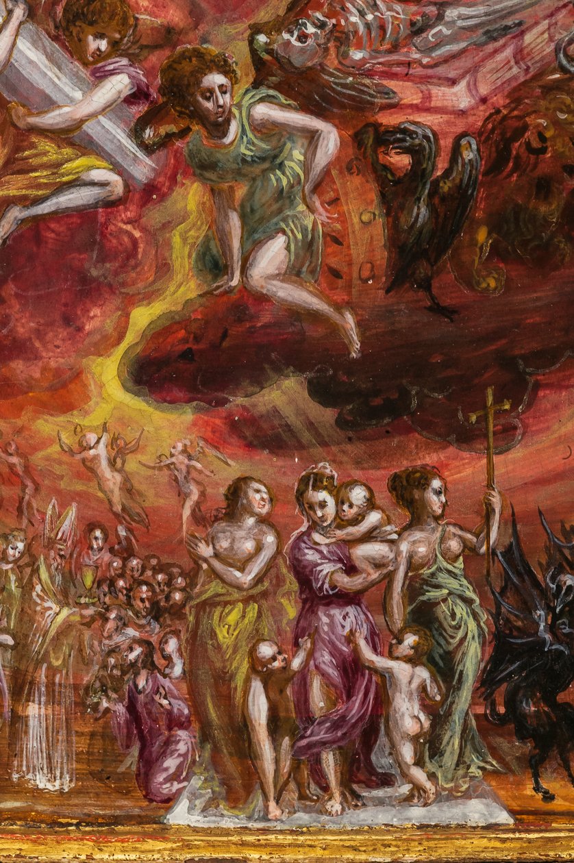 Bærbart alter: midterpanel, der viser en allegori af den kristne ridder, detalje af 2384586 (tempera grassa på panel) af El Greco