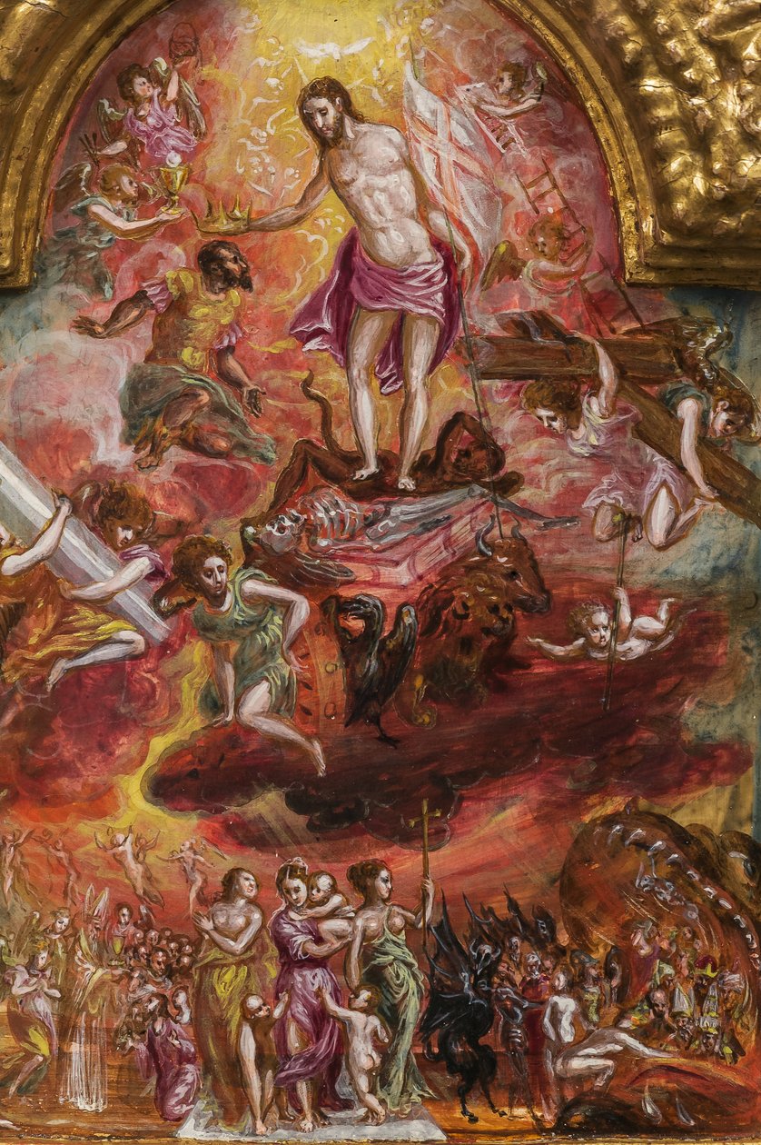 Bærbart alter: centralt panel, der viser en allegori af den kristne ridder, detalje af 2384586 (tempera grassa på panel) af El Greco