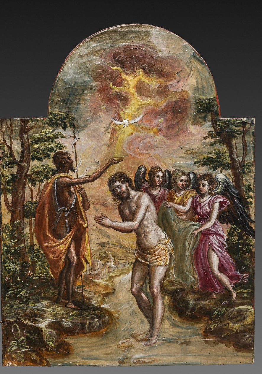 Bærbart alter: højre dørpanel, der viser Kristi dåb, detalje af 2384586 (tempera grassa på panel) af El Greco