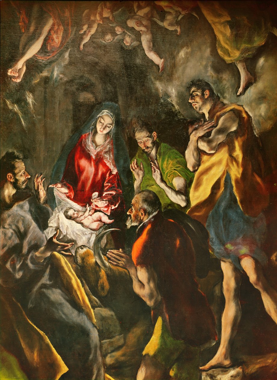 Hyrdernes tilbedelse (detalje af hyrderne grupperet omkring barnet), ca. 1603-14 (olie på lærred) af El Greco