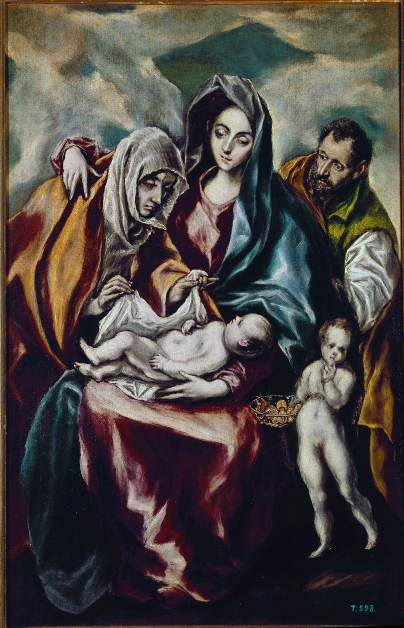Jomfru og barn (den hellige familie med Johannes Døberen og Sankt Anne) (olie på lærred af El Greco