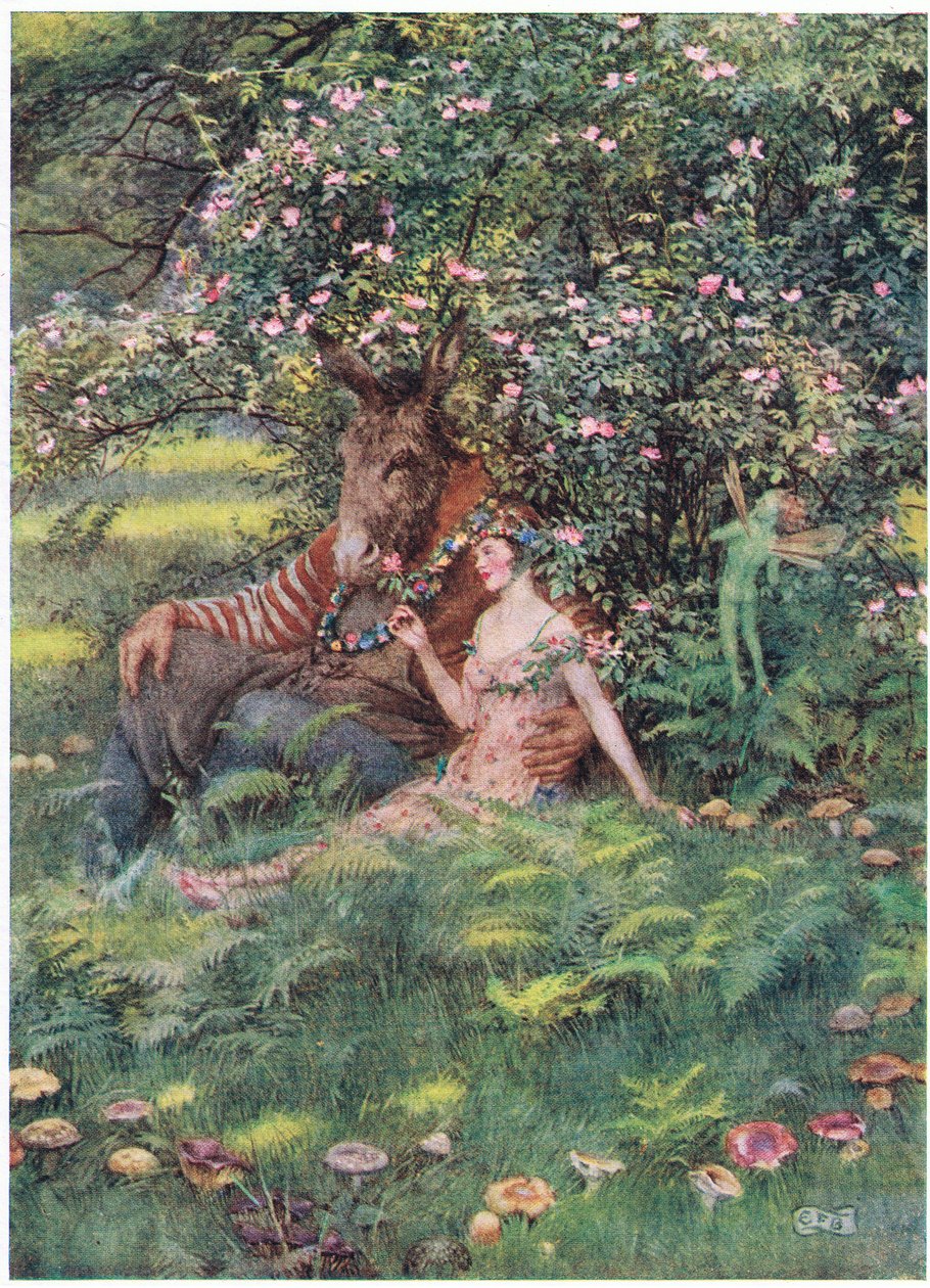 Bottom og Titania: "Kom og sæt dig ned på dette blomsterbed" (litho) af Eleanor Fortescue Brickdale