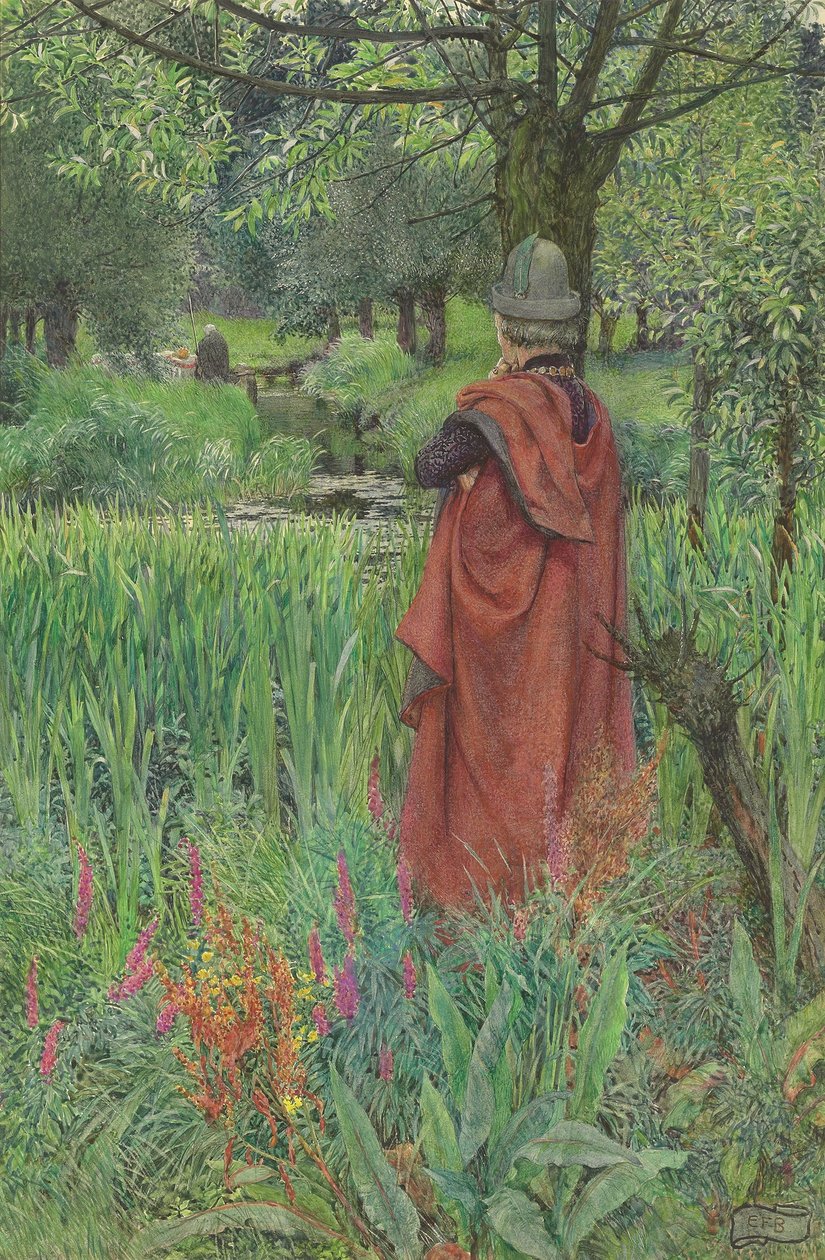 Lancelot og Elaine: Farvel, fair Lily (blyant og akvarel forstærket med kropsfarve og ridser ud på papir) af Eleanor Fortescue Brickdale