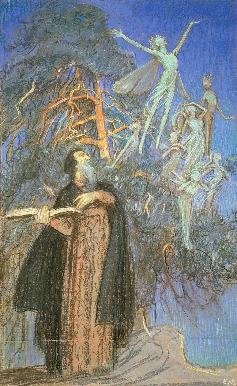 Prospero og Ariel, en undersøgelse af et tabt billede bestilt for Broadcasting House, London, ca. 1931 (pastel på papir) af Eleanor Fortescue Brickdale