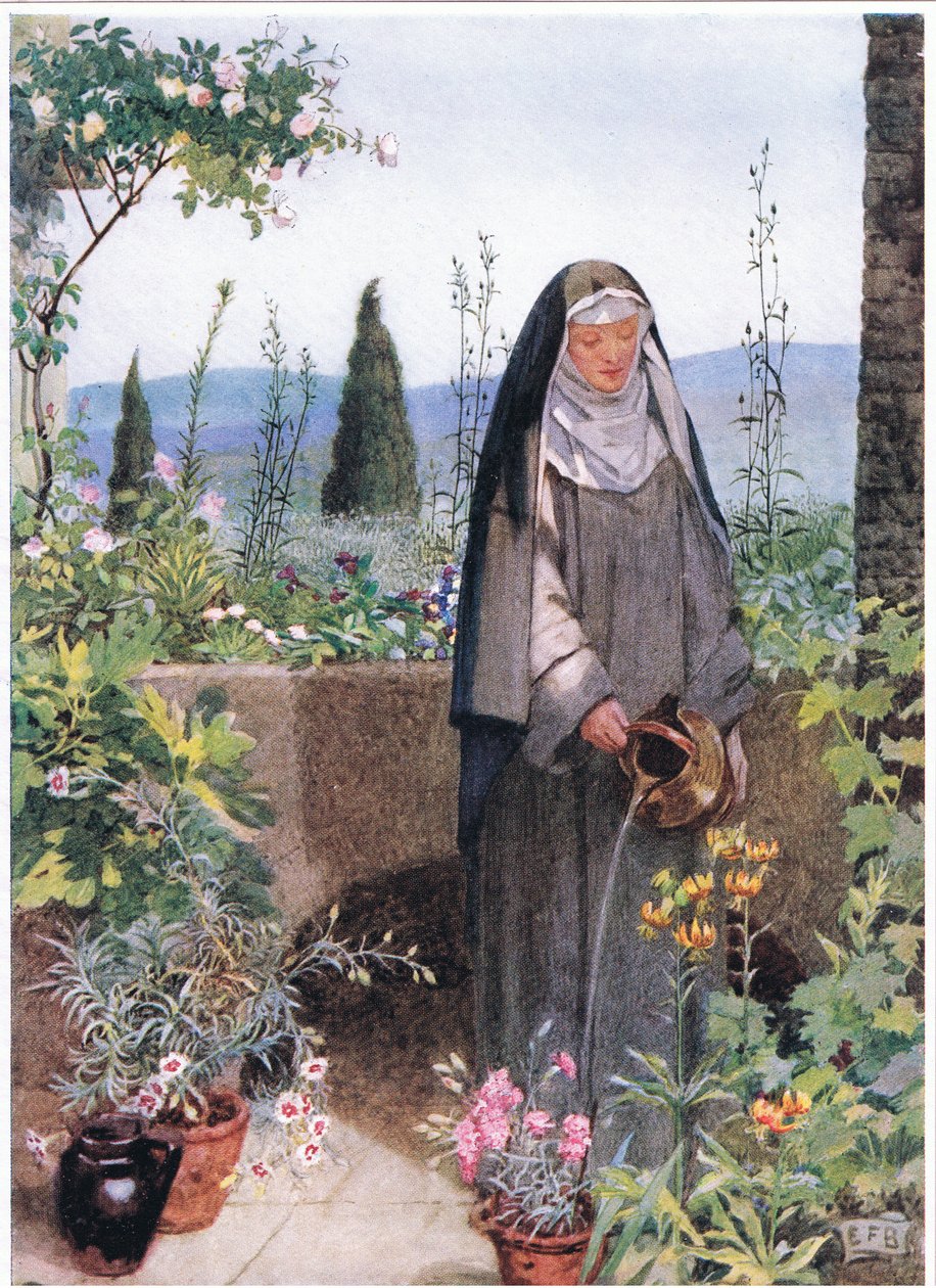 St Clare i haven til det kloster, hun grundlagde (litho) af Eleanor Fortescue Brickdale