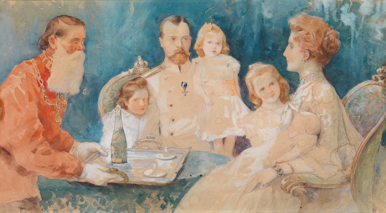 Tsar Nikolai II og tsarina Alexandra Fjordorovna med deres døtre Olga, Tatiana, Maria og Anastasia (som baby) af Elena Samokich Soudkovskaïa