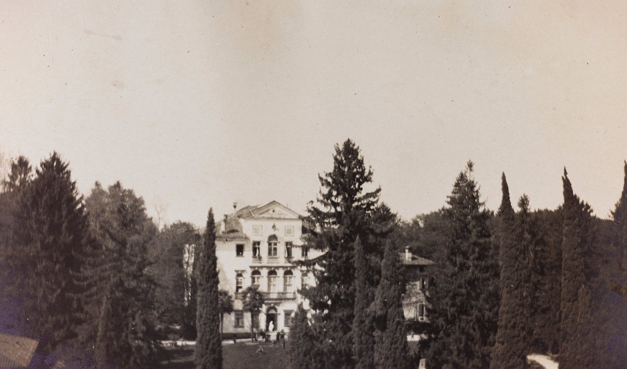 Album af Første Verdenskrig i Friuli-Venezia Giulia: udsigt over Villa Brazzà, hjemsted for 17 af krigshospitalet i Soleschiano Manzano, foto taget fra kirketårnet, 01-04/1916 (s/h-foto) af Elena Bianconcini