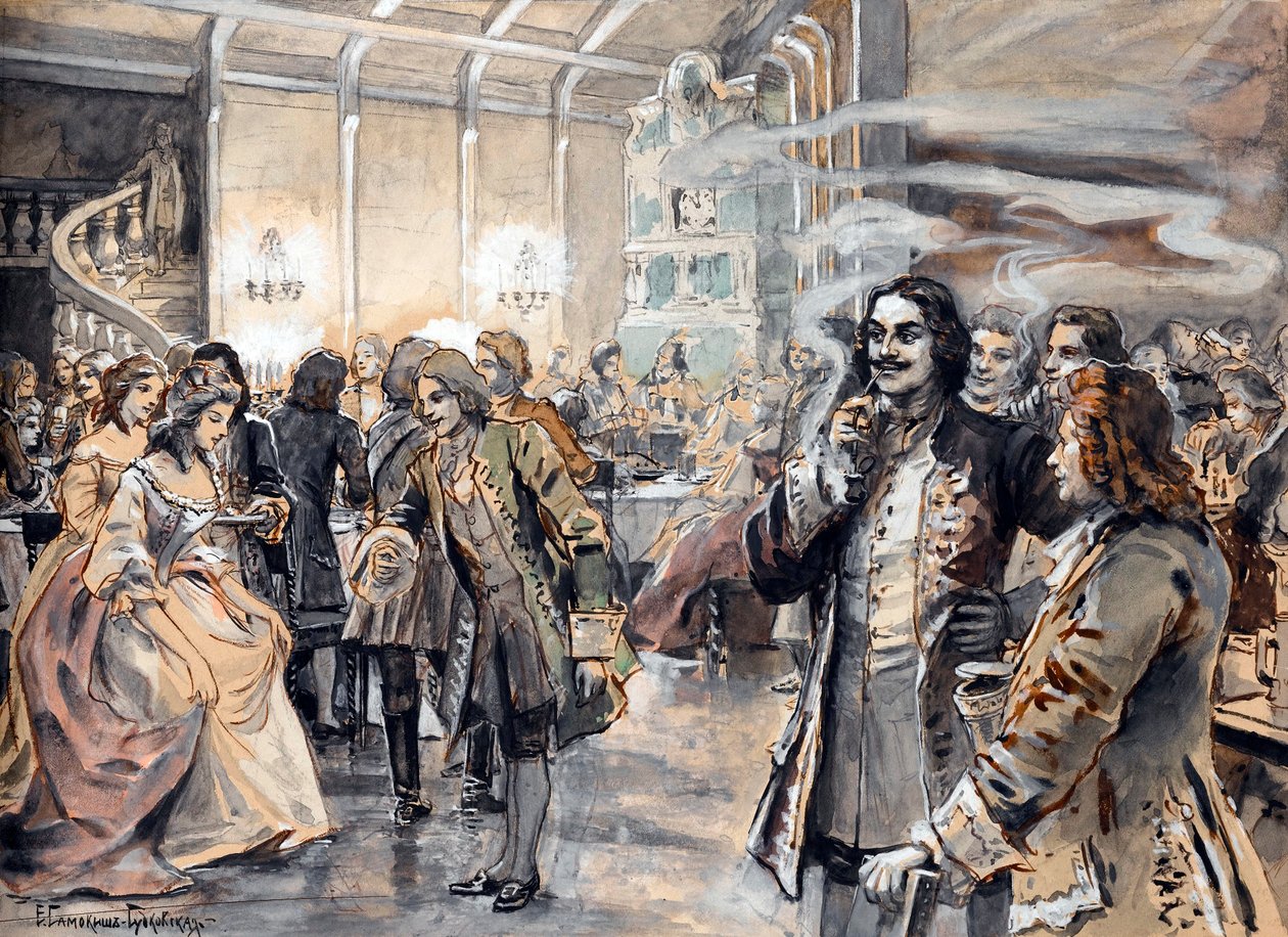 Påskefejring ved Peter den Stores hof (Pierre le grand) - Peinture de Elena Petrovna Samokish Sudkovskaya (Samokish-Sudkovskaya) (1863-1924) - Akvarel, Gouache på pap, 25,38x35 - Privat samling af Elena Petrovna Samokish Sudkovskaya