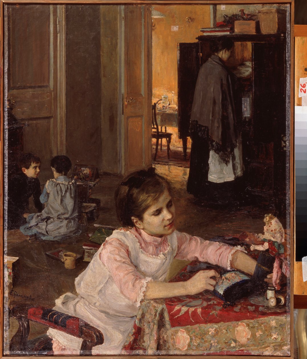 Barneværelse (Børn leger med deres legetøj, mens en stuepige ordner vasketøj i skabet) - Børneværelse - Maleri af Elena Dmitryevna Polenova (1850-1898), olie på lærred af Elena Polenova