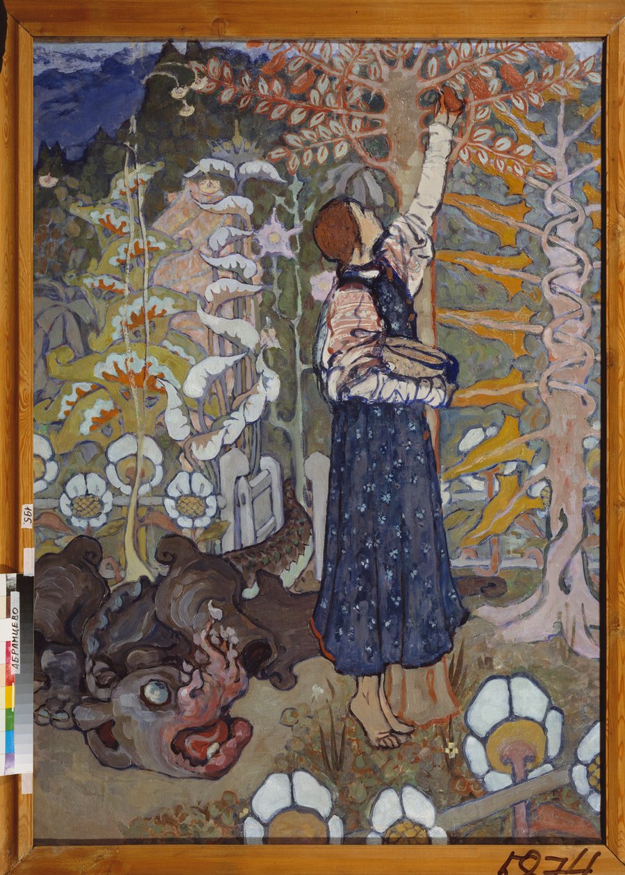 Un conte de fairy (La belle et la bete) - Et eventyr (Pigen og udyret) - Maleri af Elena Dmitryevna Polenova (1850-1898), olie på lærred af Elena Polenova