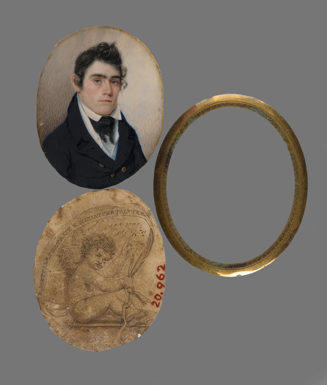 Portræt af John Haslett M.D., ca. 1822 (wc på elfenbensportræt, trykt visitkort (bagsidepapir) & messingforing og linse) af Eliab Metcalf