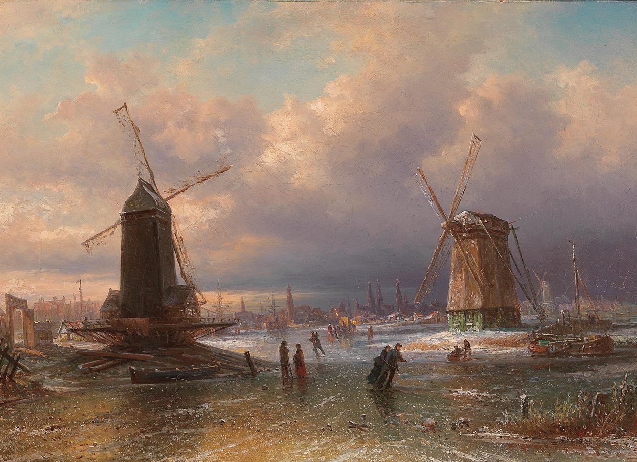 Vinterglæder på isen uden for en hollandsk by af Elias van Bommel