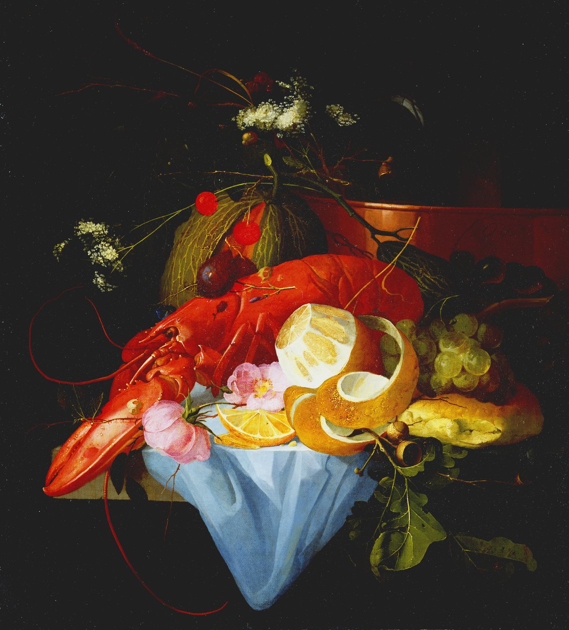 Et stilleben med hummer, citron og druer af Elias van den Broeck