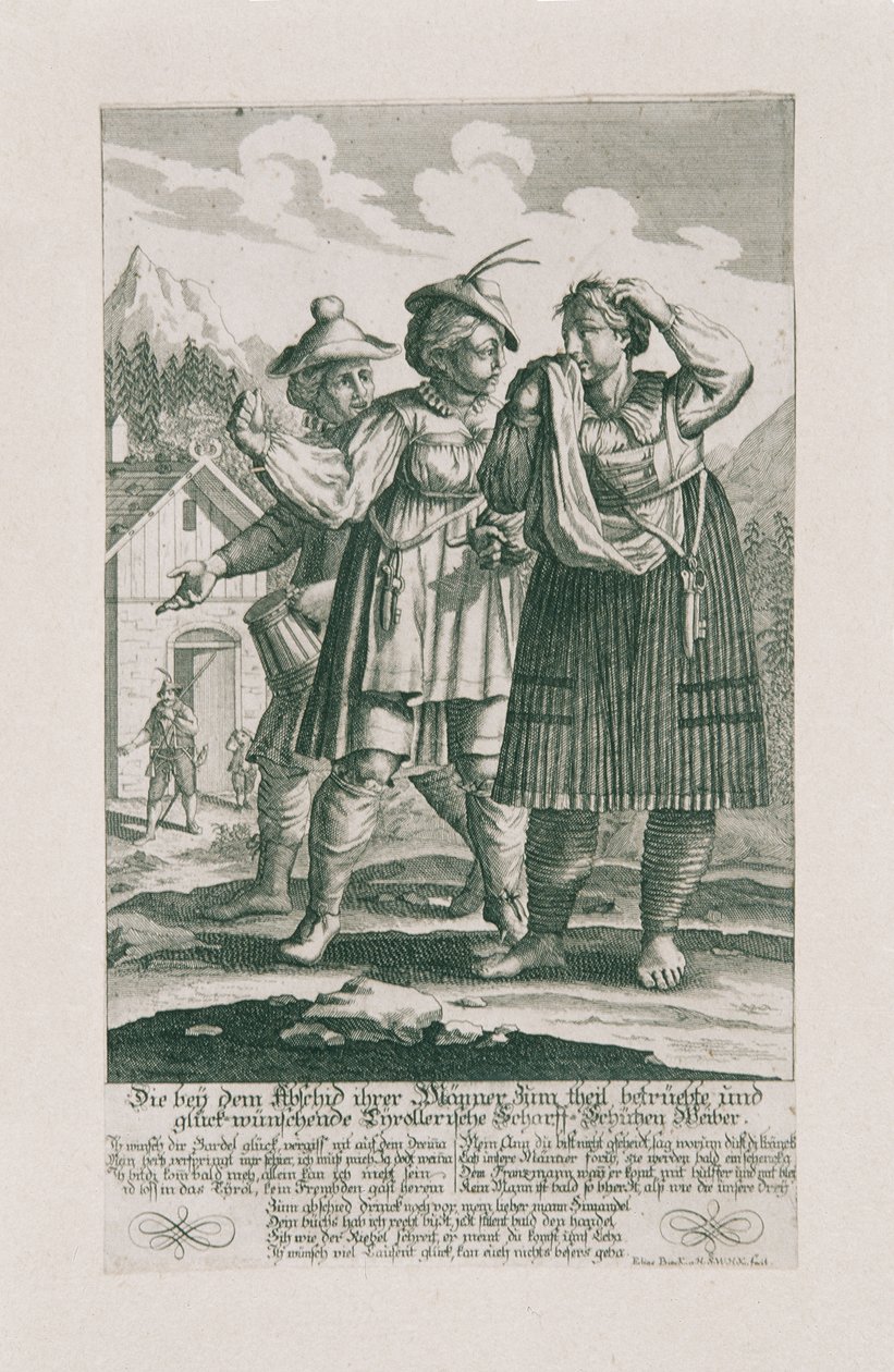 Det tyrolske forsvar af 1703: Tyrollerische Scharff-Schützen kvinder af Elias Baeck