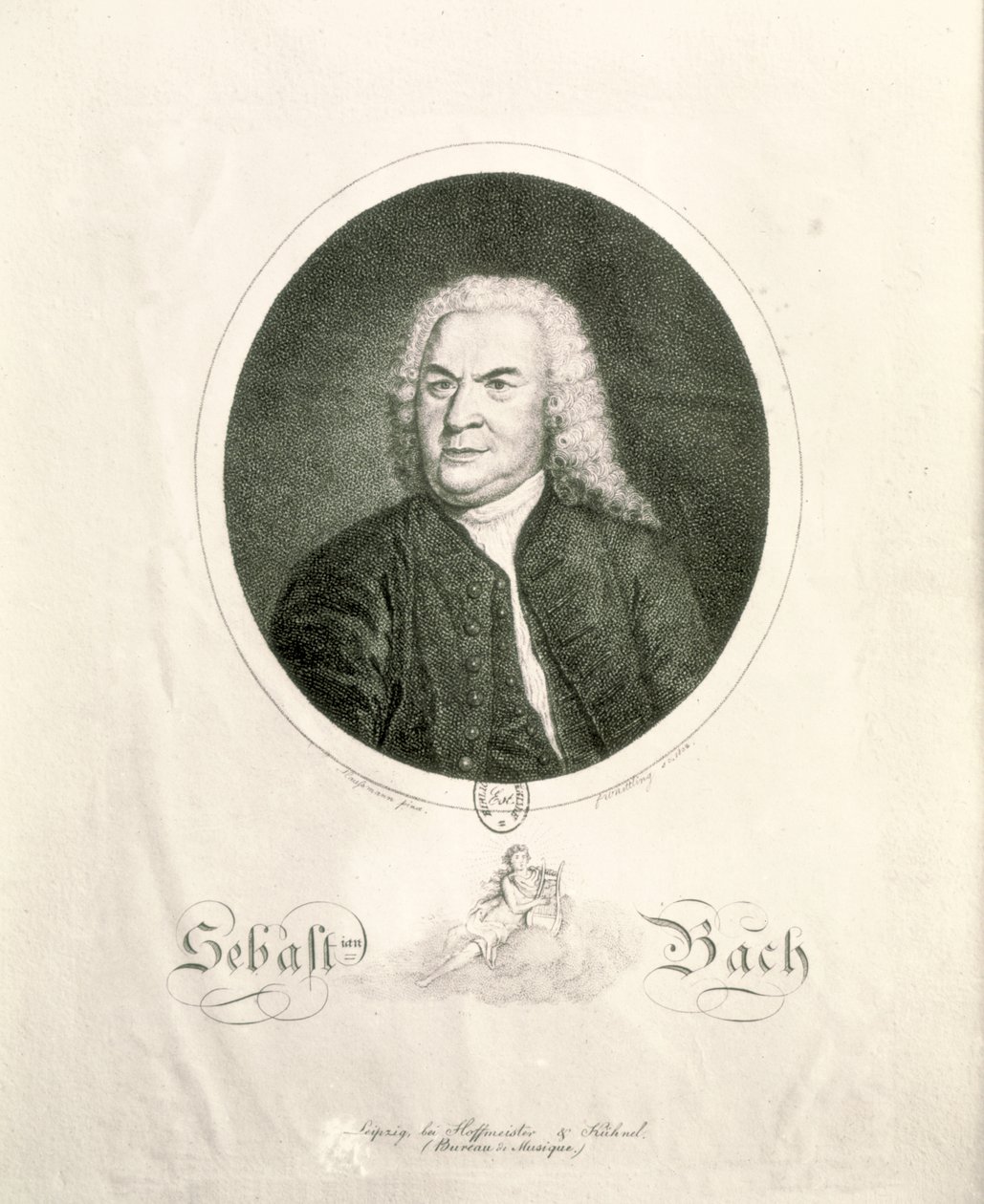 Portræt af Johann Sebastian Bach (1685-1750) graveret af Friedrich Wilhelm Nettling (gravering) (bw foto) af Elias Gottleib Haussmann