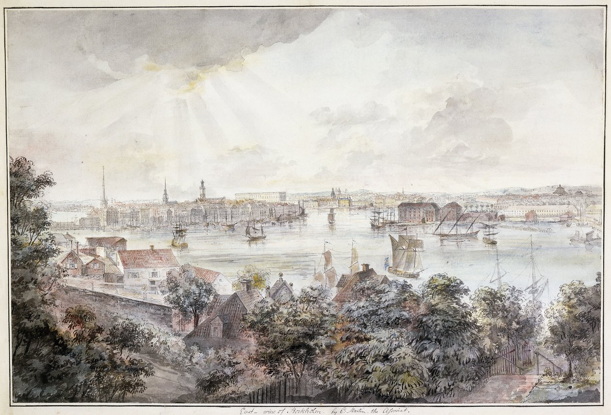 En udsigt over Stockholm fra Söder med det kongelige palads, Storkyrkan, Riddarholmskykan og Tskakykan, af Elias Martin
