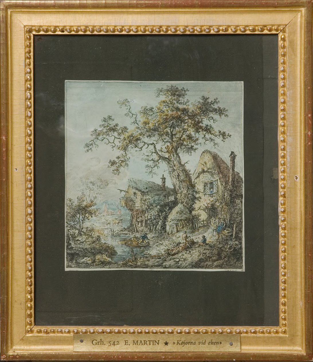 Landschaft mit Bauernhof oder Hütten bei der Eiche af Elias Martin