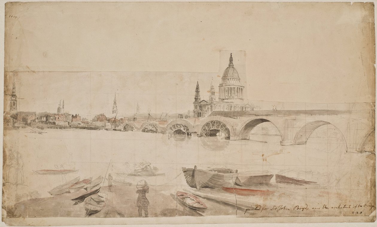 London Bridge og St. Paul set fra siden af Themsens bred af Elias Martin