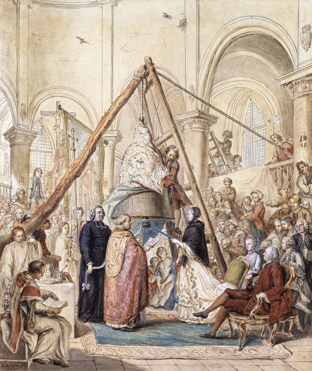 The Blessing of the Bell of the Village Church at Ormesson by the Marquisse d "Ormesson, attended by her Husband and Villagers, dani af Elias Martin