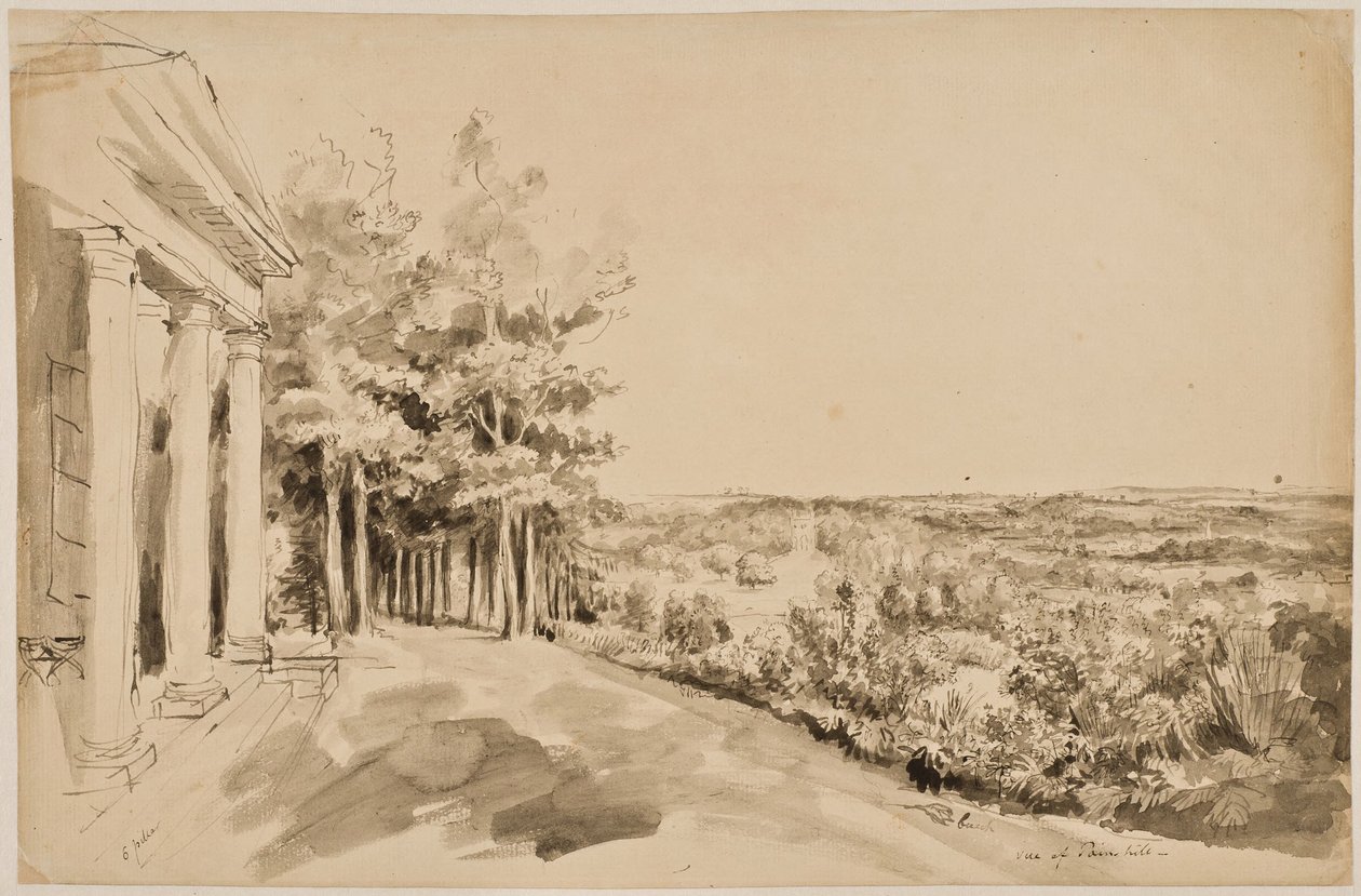Udsigt over Bacchus-templet med det gotiske tempel i baggrunden i Painshill af Elias Martin