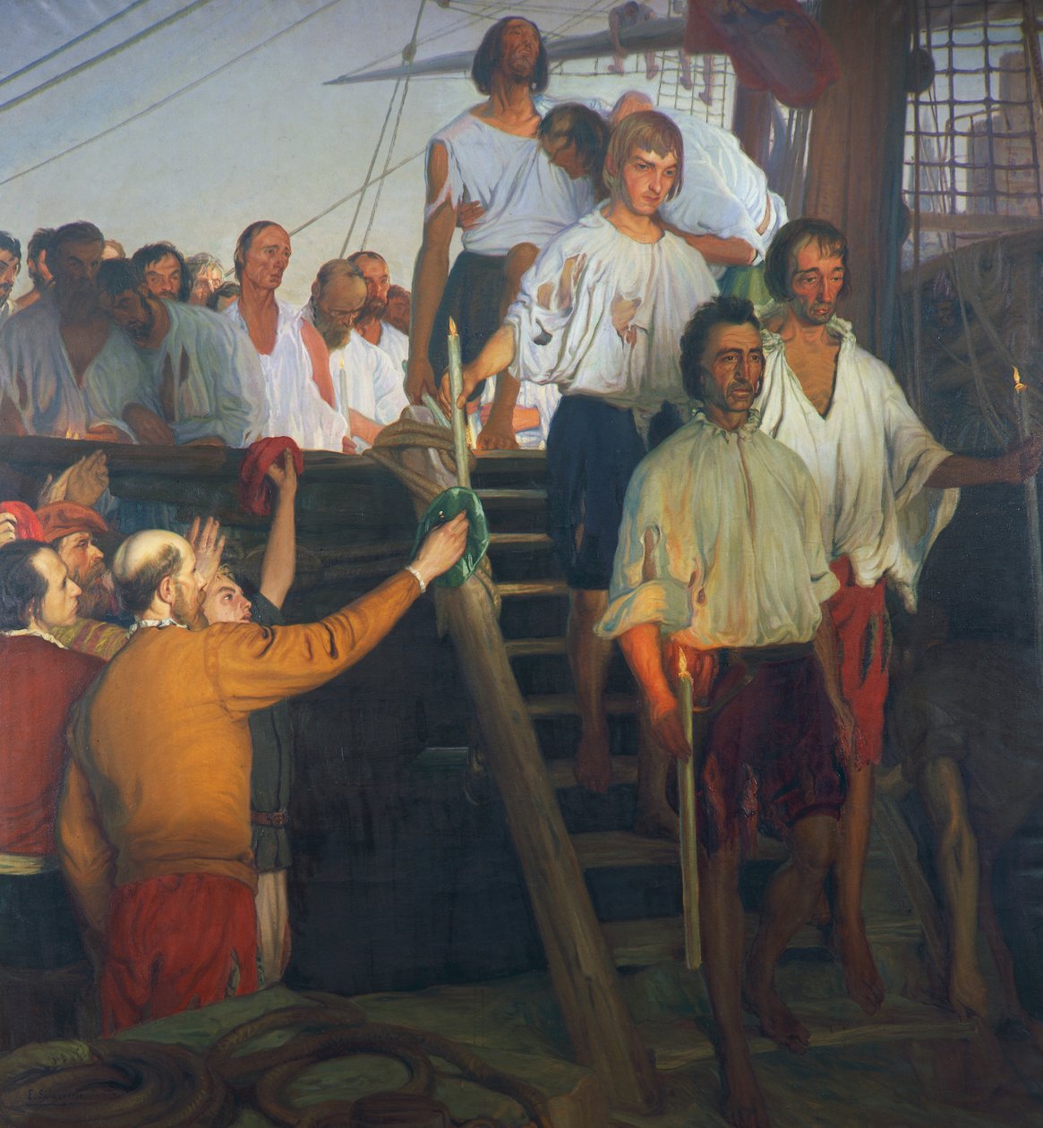 Juan Sebastian Elcano og hans besætning, maleri af Elias Salaverria Inchaurrandieta