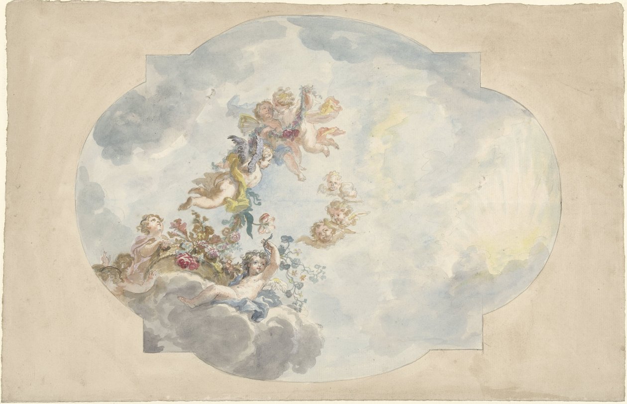 Design til et loftmaleri med putti, blomster og guirlander af Elias van Nijmegen (possibly)