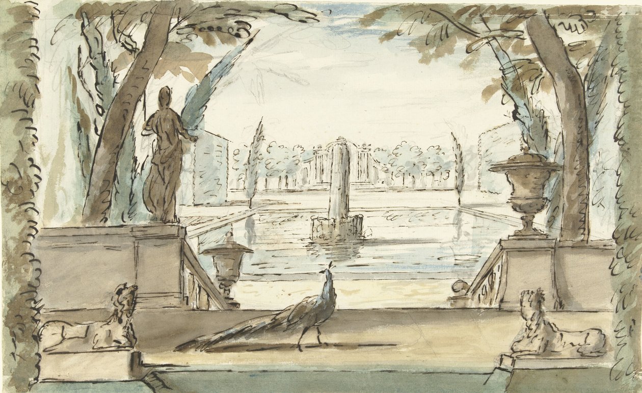 Udsigt i en have med en dam, et springvand og en påfugl af Elias van Nijmegen