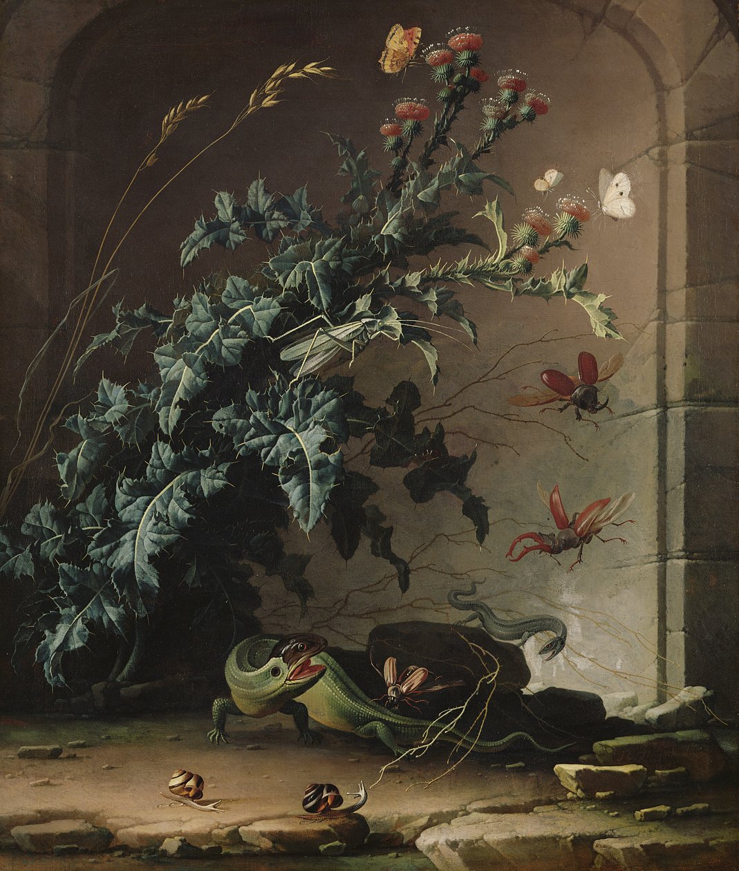 Stenniche med tidsel, firben og insekter, 1690 af Elias van den Broeck