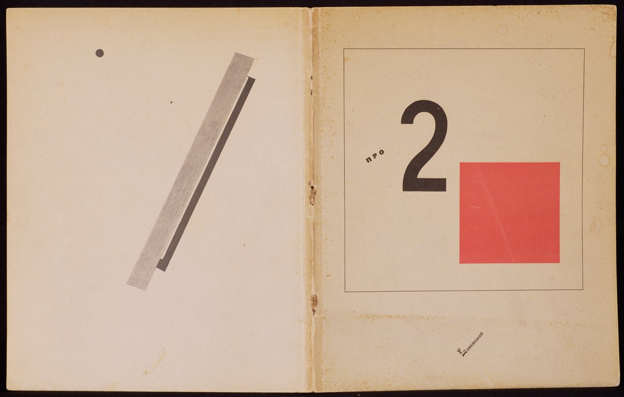 `Of Two Squares`, bogomslagsdesign, 1920, udgivet i Berlin, 1922 af Eliezer Markowich Lissitzky