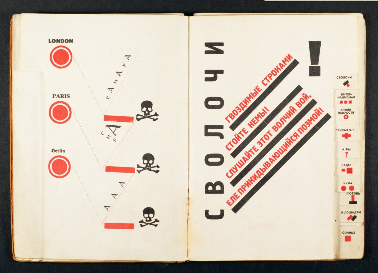 Kraniet og krydsede knogler spredte sig fra `For Reading Out Loud`, en digtsamling af Mayakovsky (1893-1930) designet af pubben El Lissitzky (1890-1941). i Berlin, 1923 (se også 86286) af Eliezer Markowich Lissitzky