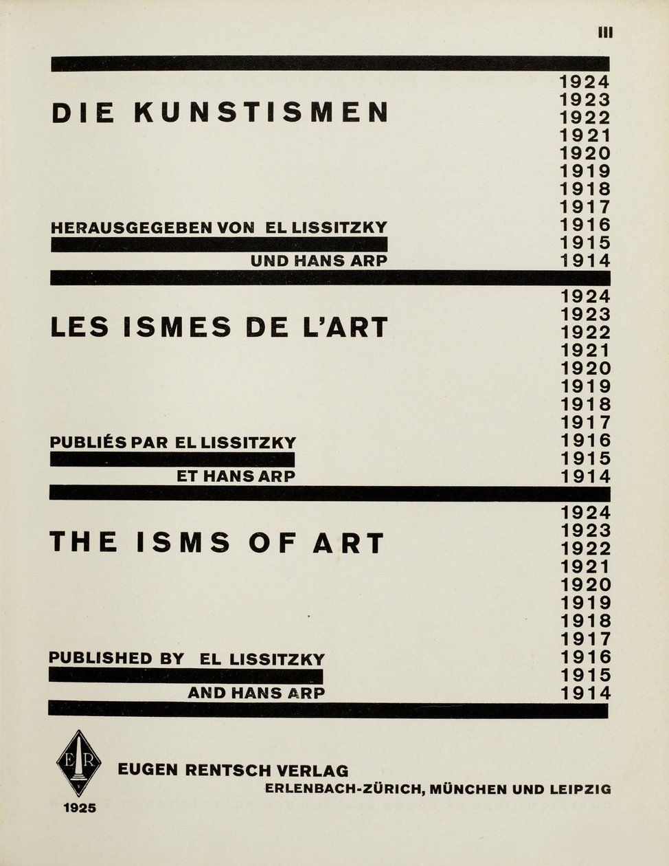 Titelside: Kunstnerne. The Isms of Art af El Lissitzky og Hans Arp, 1925. af Eliezer Markowich Lissitzky