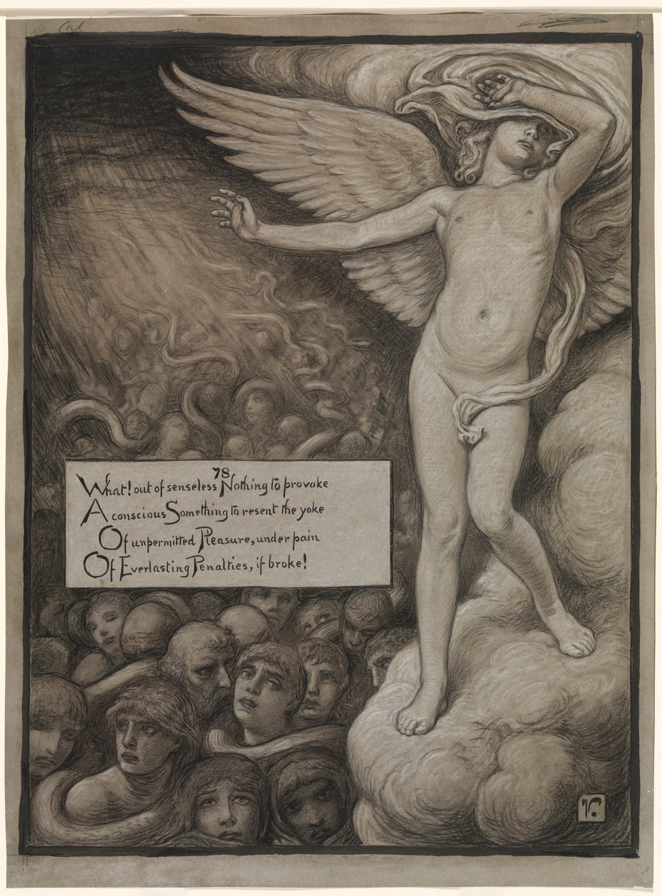 (Illustration til Rubáiyát af Omar Khayyám) Kærligheden skrumper forskrækket ind ved synet af helvede af Elihu Vedder