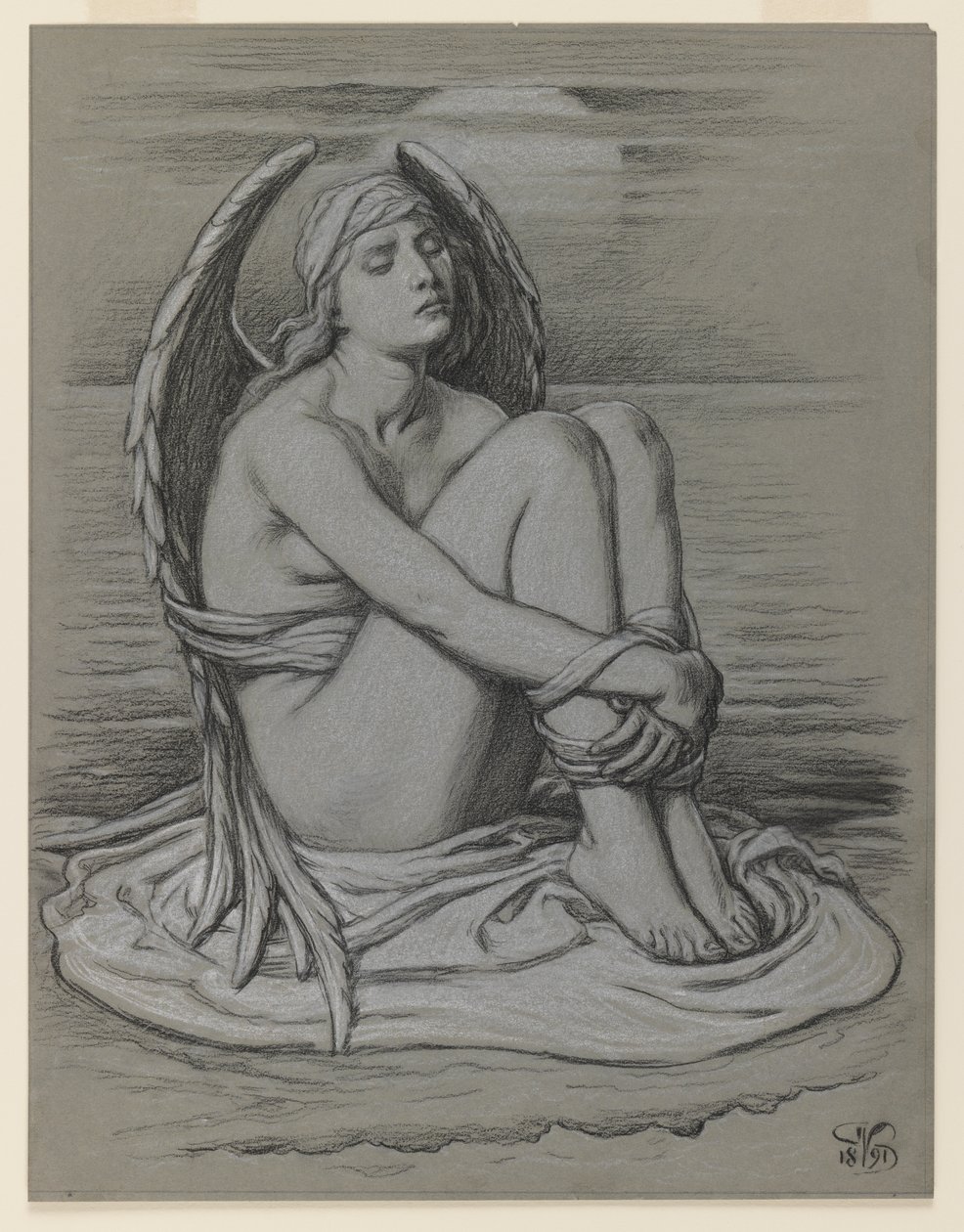 Bound Angel, 1891 (sort-hvidt kridt eller farveblyant på vævet papir) af Elihu Vedder