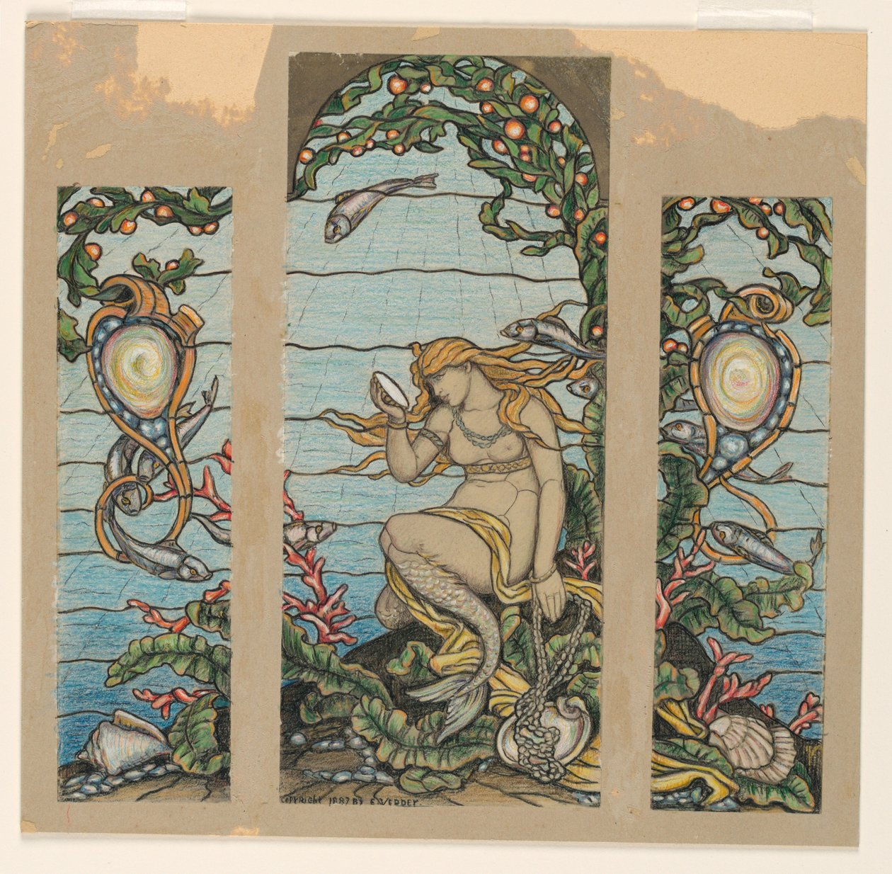 Tegning, design til glasmosaikvindue, The Mermaid Window, til A.H. Barney Residence, New York, NY, 1882 af Elihu Vedder