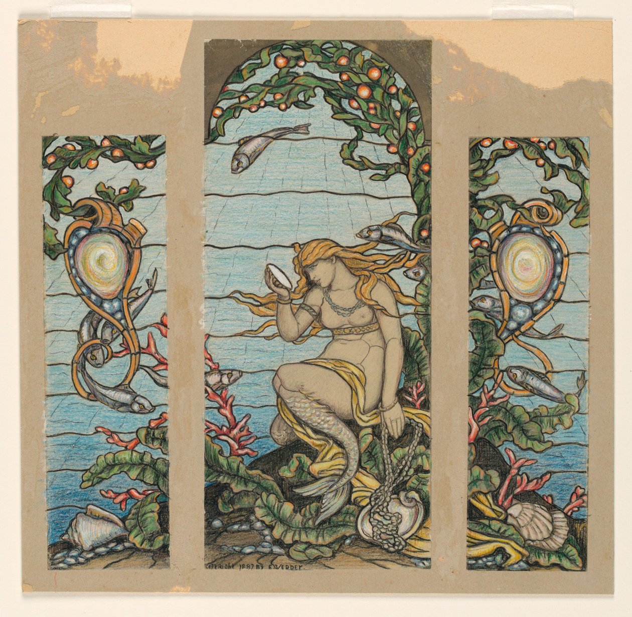 Tegning, "The Mermaid Window", design til glasmosaikvindue til A.H. Barney Residence, New York, NY, 1882 af Elihu Vedder
