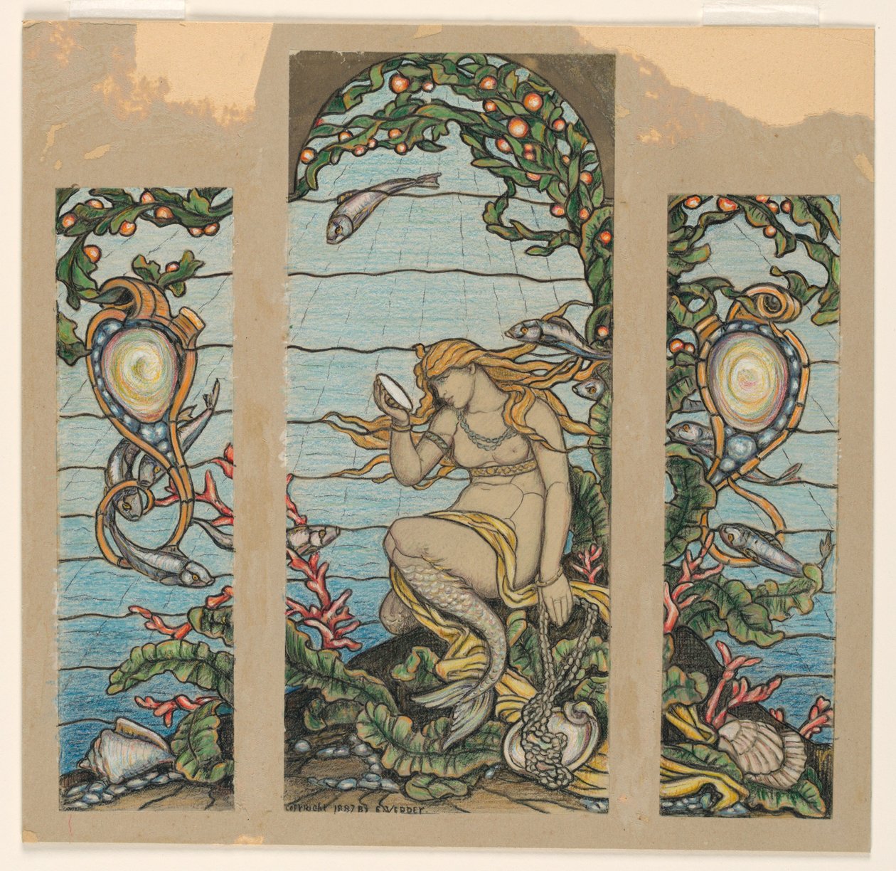 Tegning, "The Mermaid Window", design til glasmosaikvindue til A.H. Barney Residence, New York, NY, 1882 af Elihu Vedder
