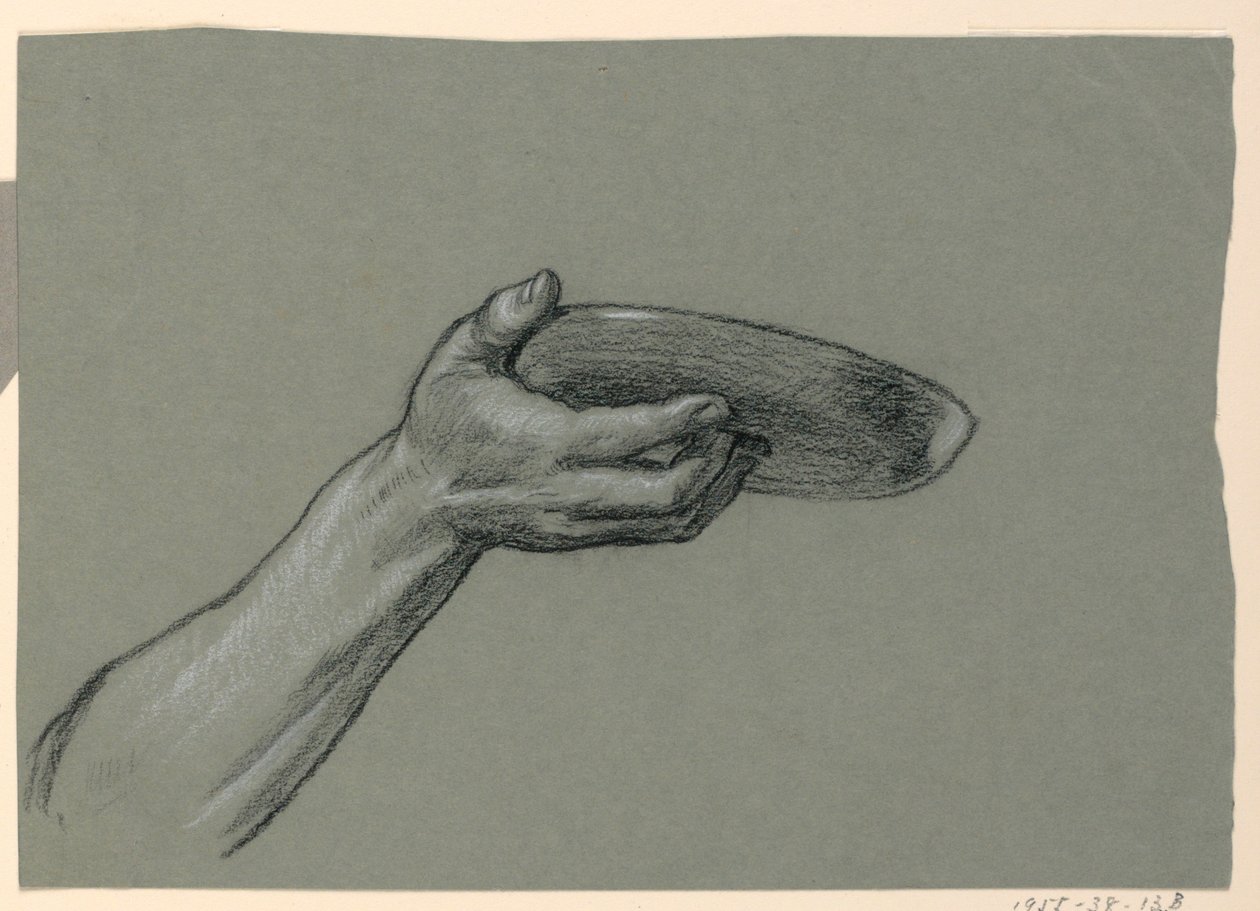 Tegning, detalje af underarm og hånd, der holder en cirkulær genstand, ca. 1885 af Elihu Vedder