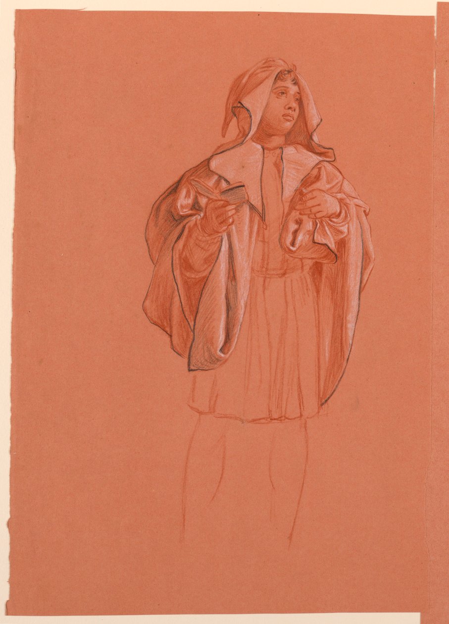 Tegning, studie af en figur i hætteklædt kostume, ca. 1885 af Elihu Vedder
