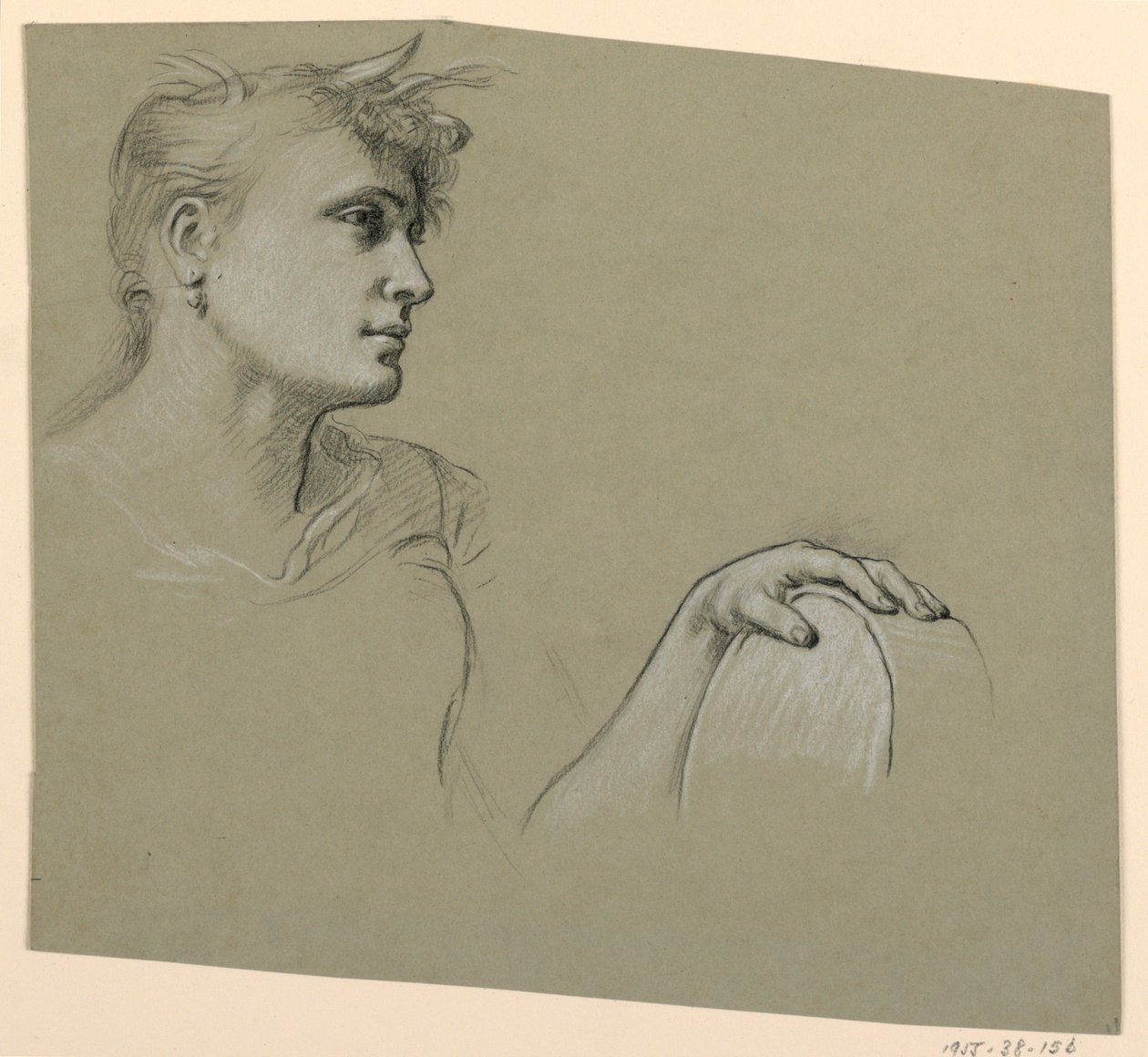 Tegning, kvindeprofil og studie af venstre hånd, ca. 1885 af Elihu Vedder