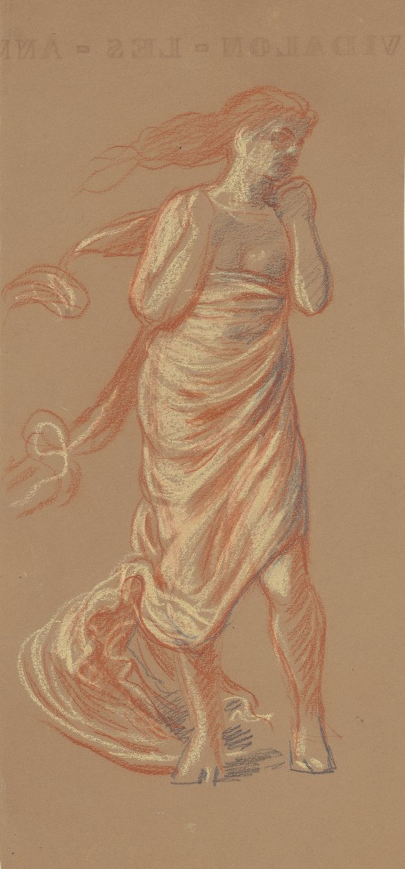 Stående draperet kvindefigur, ca. 1872-77 (farveblyant på vævet papir) af Elihu Vedder