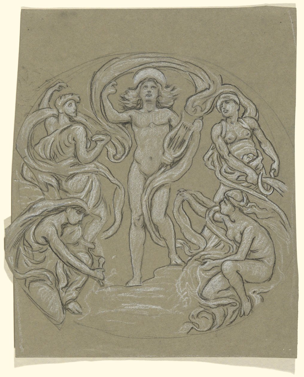 Undersøgelse for Center Circle of Huntington Ceiling: Apollo og Attendants af Elihu Vedder