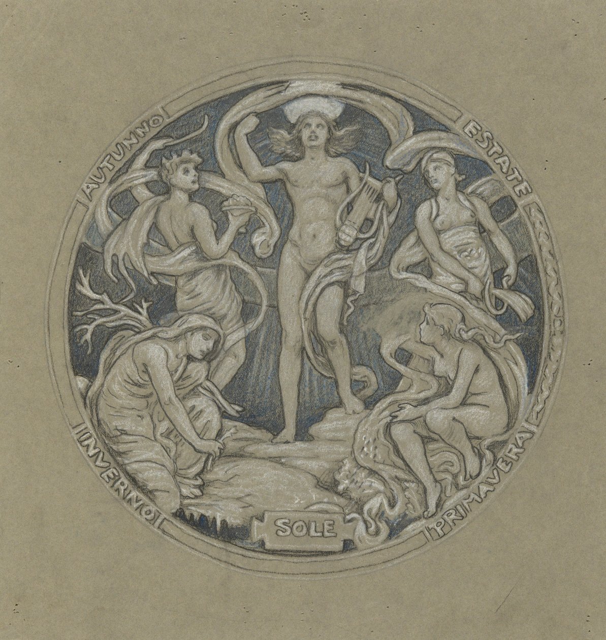 Undersøgelse for Center Circle of Huntington Ceiling: Apollo og Attendants af Elihu Vedder