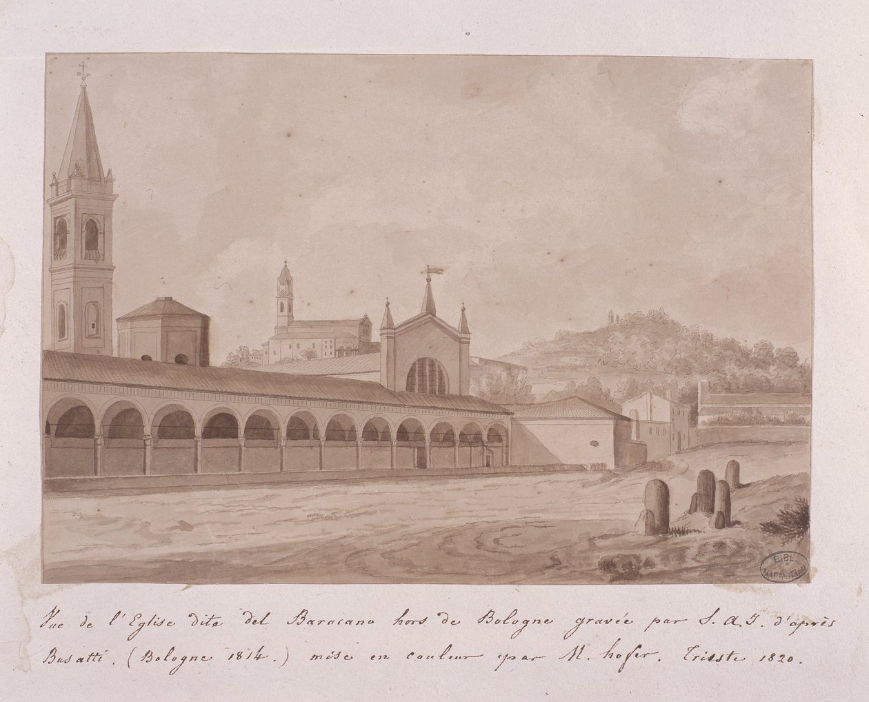 Udsigt over kirken Baracano, Bologna, efter Basatti, 1814 (gravering forstærket med wc på papir) af Elisa Bonaparte