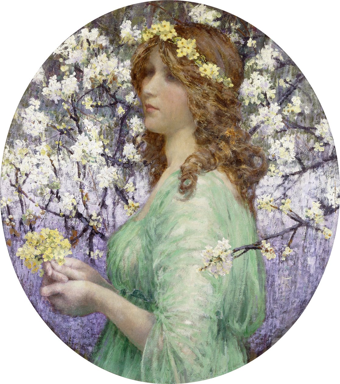 Jeune Femme au Bouquet (oval olie på lærred, lagt ned på plade) af Elisabeth (attr. to) Sonrel