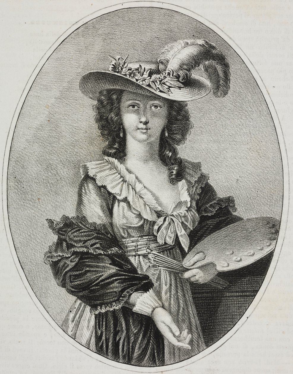 Selvportræt med palet, af den franske maler Elisabeth Vigee Le Brun, litografi af Giovanni Mariani fra Poliorama Pittoresco, nr. 42, 28. maj af Elisabeth Louise (after) Vigee Lebrun