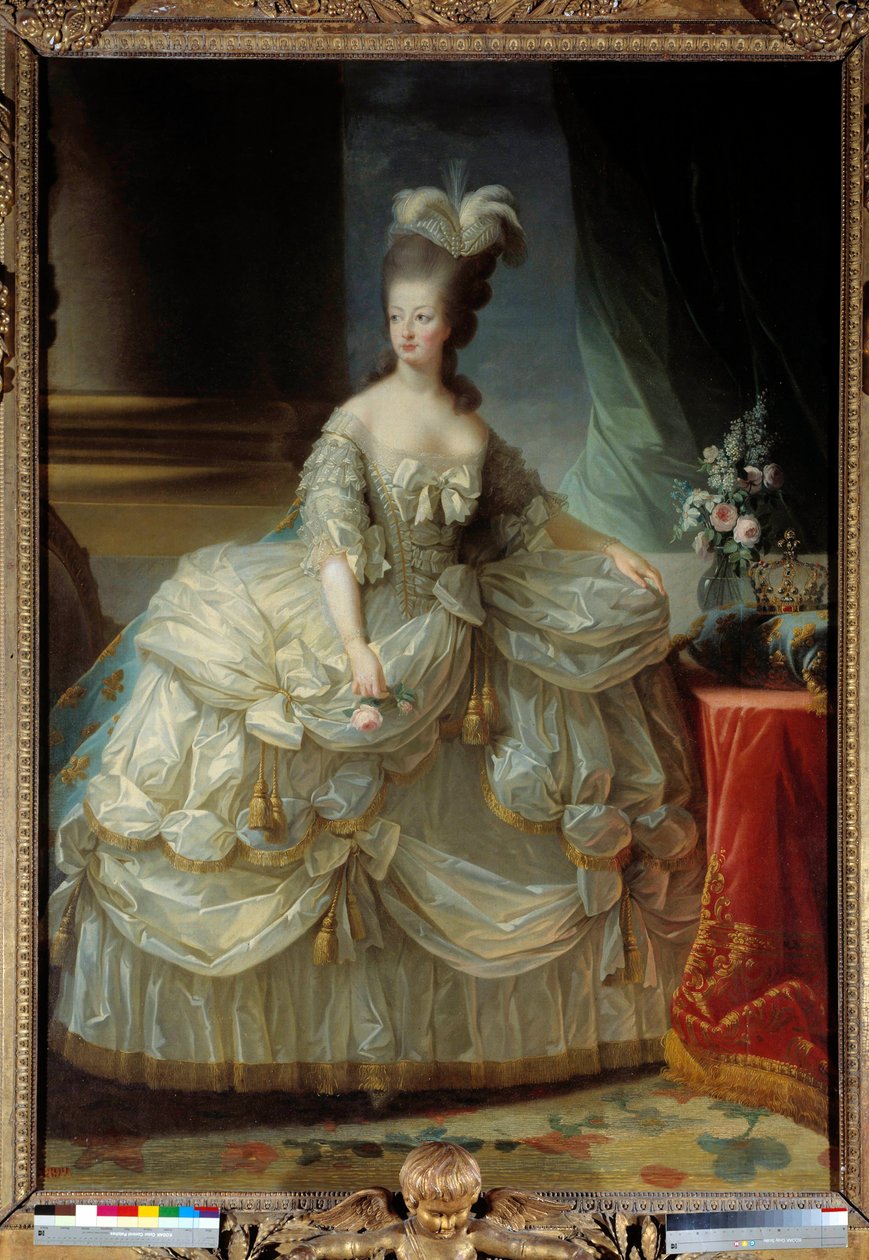 Portræt i foden af Marie Antoinette af Lorraine Habsburg Dronning af Frankrig (1755-1793) i stor hofdragt, en rose i hånden Maleri af Marie Elisabeth Louise Vigee Le brun (eller Vigee-Lebrun eller Vigee Lebrun) (1755-1842) 1700-tallet Sol. 2,23 x 1,58 m af Elisabeth Louise Vigee Lebrun