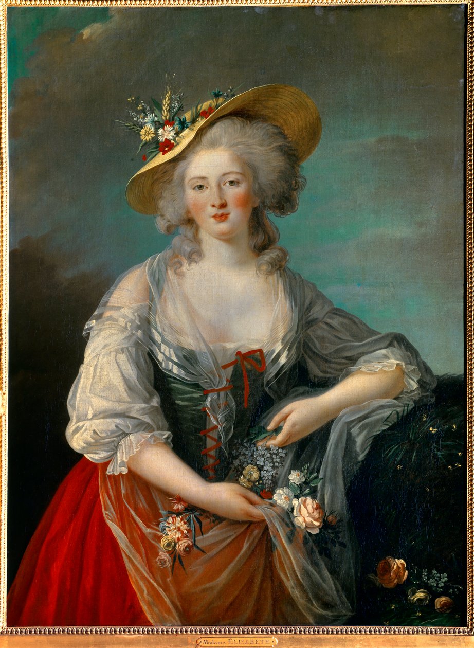 Portræt af Elisabeth Philippine Marie Helene af Frankrig kendt som Madame Elisabeth (1764-1794), søster til Ludvig XVI repræsenteret i 1782, i et landkostume med blomster. Maleri af Marie Elisabeth Louise Vigee Le brun (eller Vigee-Lebrun eller Vigee Lebru af Elisabeth Louise Vigee Lebrun