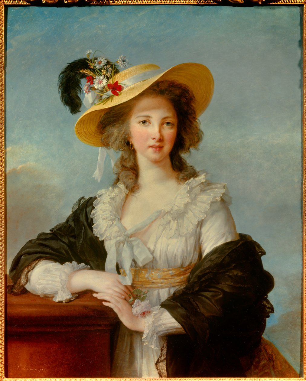 Portræt af Yolande Gabrielle Martine de Polastron, hertuginde af Polignac (1749-1793) med stråhattemaleriet af Marie Elisabeth Louise Vigee Le brun (eller Vigee-Lebrun eller Vigee Lebrun) (1755-1842) 1782 Søn. 0,92x0,73 m - Portræt af hertuginden - Portræt af Elisabeth Louise Vigee Lebrun