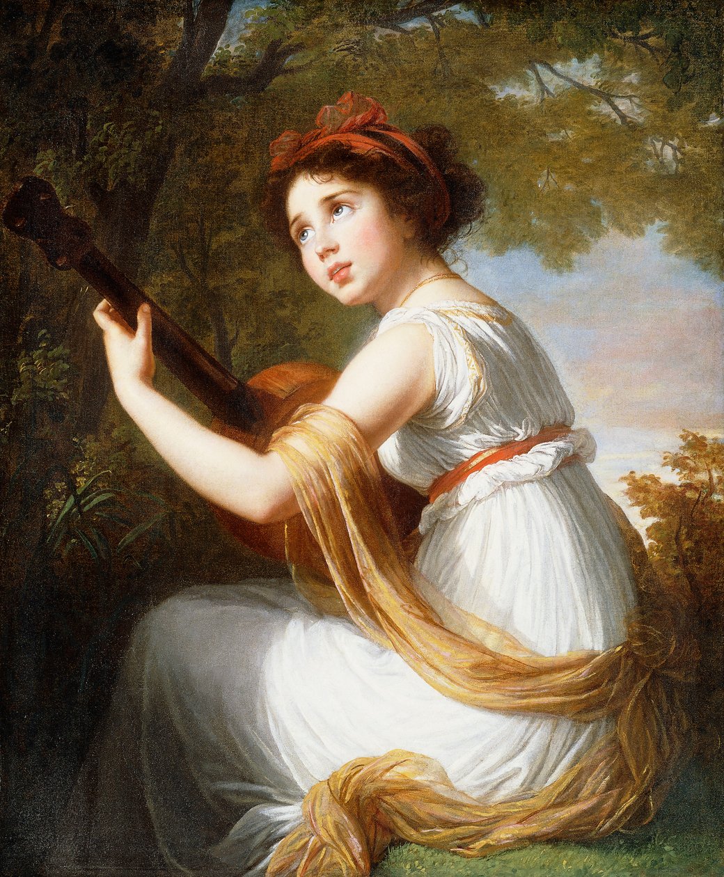 Portræt af kunstnerens datter, siddende i trekvart længde, spiller på guitar, ca. 1797 af Elisabeth Louise Vigee Lebrun