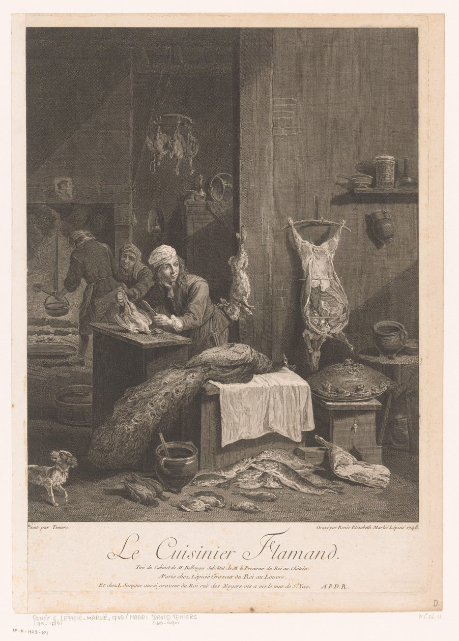 Køkkenscene med personale, der tilbereder måltidet Le Cuisinier Flamand (titel på objekt) af Élisabeth Lépicié